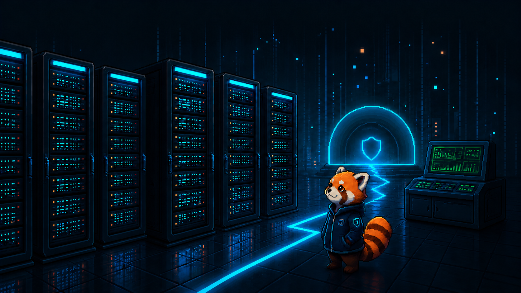 Пиксельная красная панда FoxTun у светового маршрута в серверном зале
