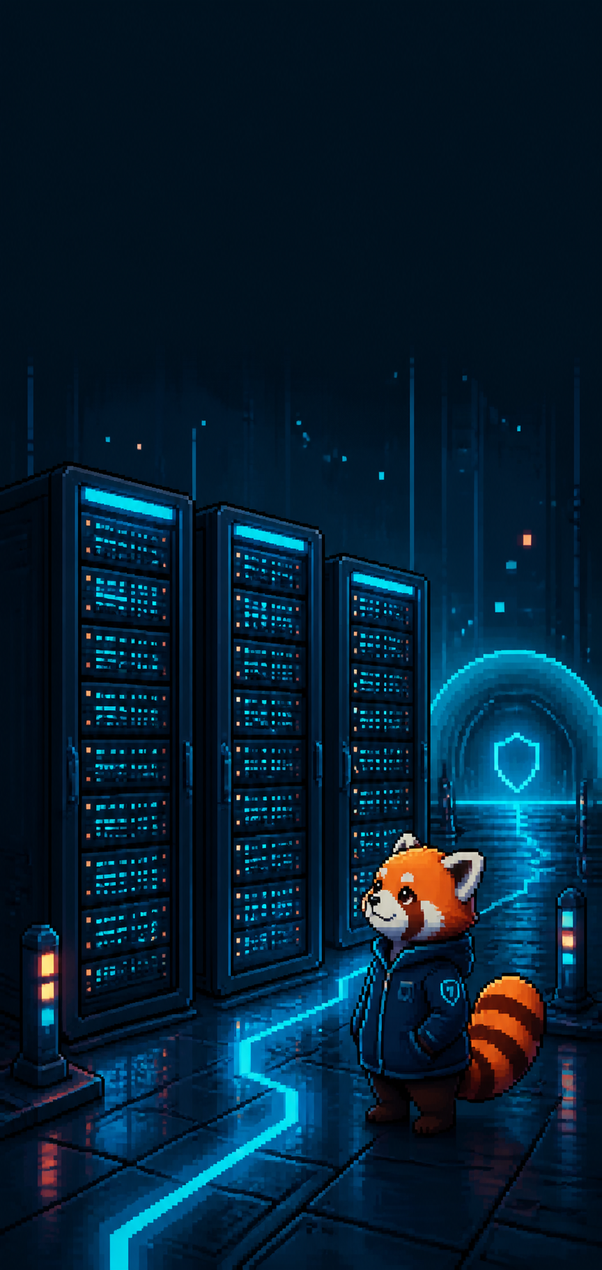 Пиксельная красная панда FoxTun наблюдает за киберпанк-серверами